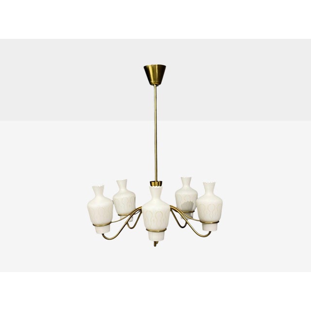 Mid-Century Modern Swedish Modern, Chandelier, Brass, Mahogany, Glass, Sweden, 1940s For Sale - Image 3 of 11