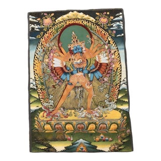 Xizang Embroidery and Brocade Thangka Buddha Painting - Wrathful Deity Protector Wall Art - Hand Painted Buddhist Sacred Scroll Mid 20th Century For Sale