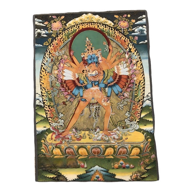 Xizang Embroidery and Brocade Thangka Buddha Painting - Wrathful Deity Protector Wall Art - Hand Painted Buddhist Sacred Scroll Mid 20th Century For Sale