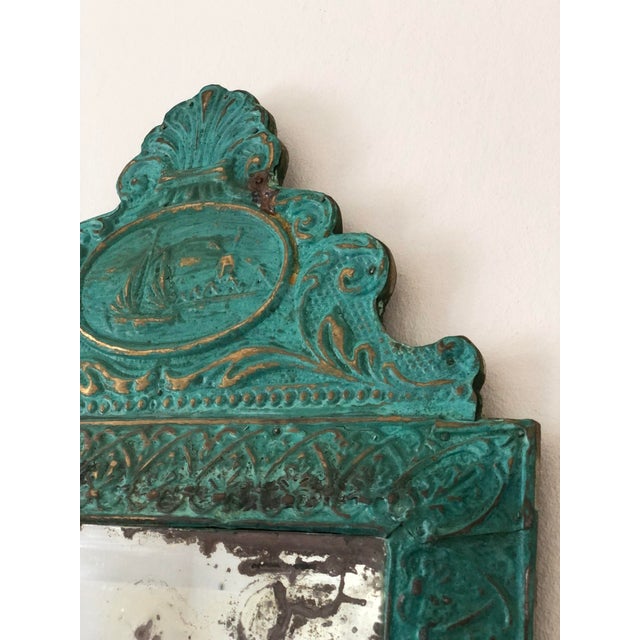 Antique Embossed Pressed-Metal (Tole) Mirror With a Green Patina Finish and Gilt Highlights Rococo For Sale - Image 4 of 10