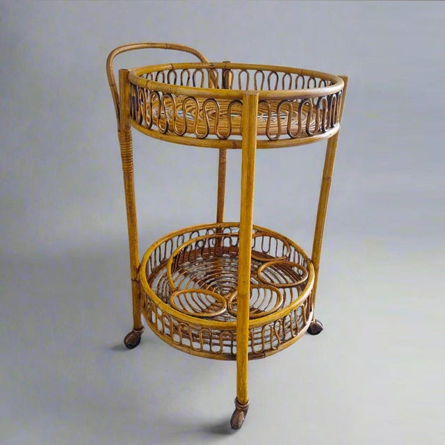 Mid-Century Modern Vintage Bamboo and Rattan Serving Bar Cart by Franco Albini, 1960s For Sale - Image 3 of 9