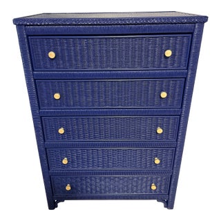 Vintage Henry Link Lexington 5-Drawer Wicker Chest in Deep Navy Blue, Attributed For Sale