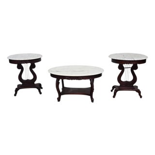 Vintage Kimball Carrara Marble Topped Cherry Table Trio For Sale