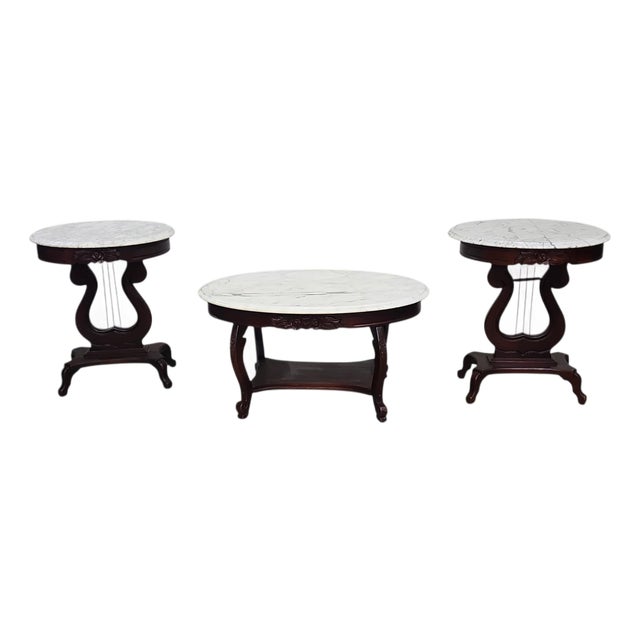 Vintage Kimball Carrara Marble Topped Cherry Table Trio For Sale