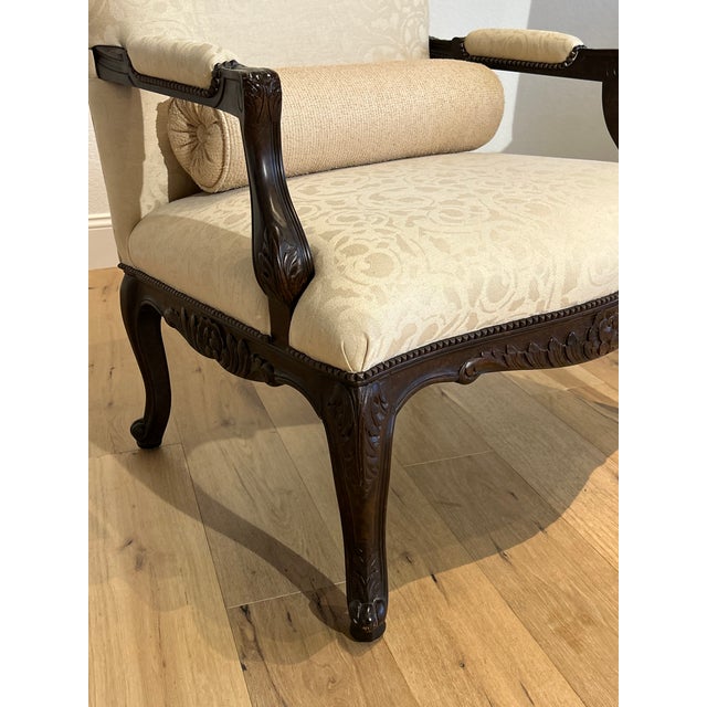 Pair Custom French Style Bergere Chairs in Tortoise Shell Finish Nailhead Trim Chairs Upholstered in Classic Cloth Silk...