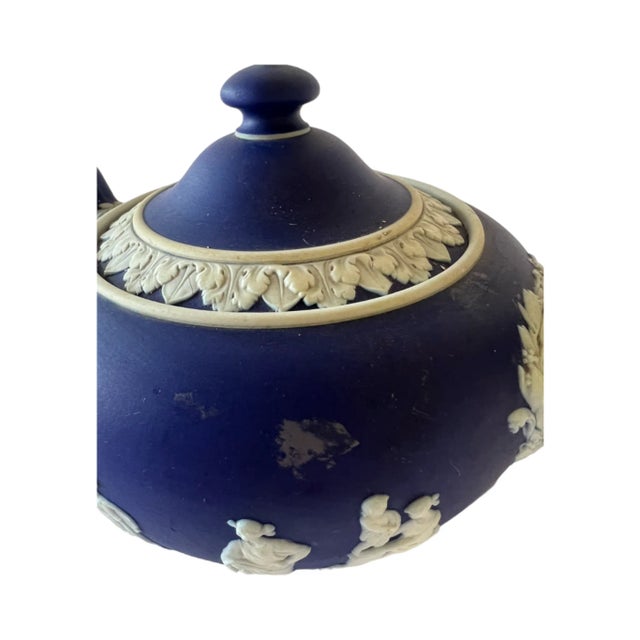 Blue Antique Cobalt Blue Jasperware Wedgwood Teapot With Kintsugi Repair For Sale - Image 8 of 11