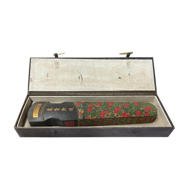Black Chinese Zither Shape Flower Motif Collectible Ink Stick Display Art For Sale - Image 8 of 8