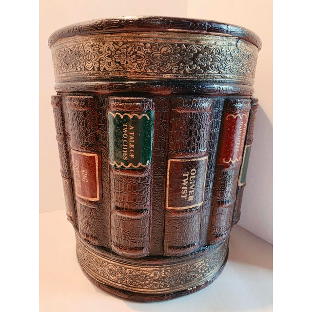 Vintage Wood Classical Carved Books Wastebasket/Trash Bin For Sale - Image 4 of 4