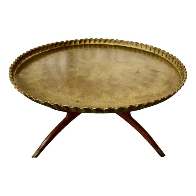 Brass Moroccan Tray and Teak Base For Sale