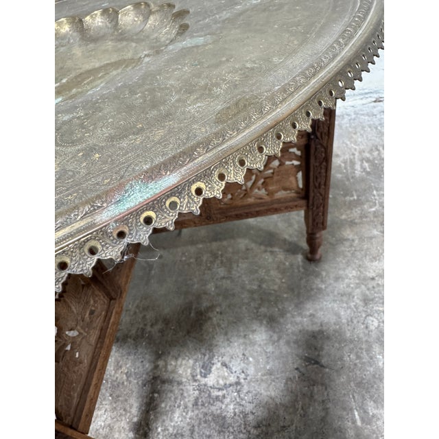 Wood Moroccan Style Brass Tray Teak Table For Sale - Image 7 of 9