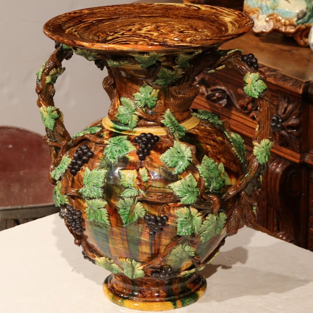 French 19th Century French Painted Ceramic Barbotine Vase With Vine, Grape & Leaf Decor For Sale - Image 3 of 10