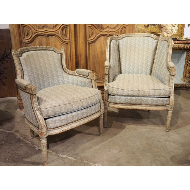 Wood Rare Pair of Period French Louis XVI His and Hers Bergère Armchairs, Circa 1780 For Sale - Image 7 of 12