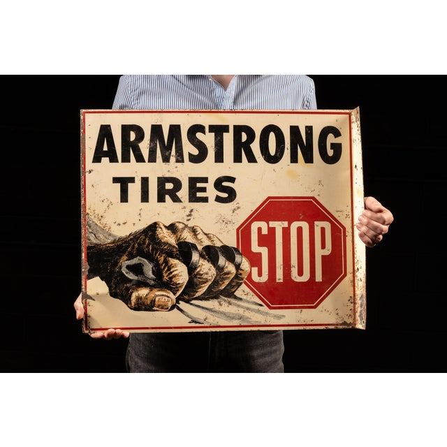 Metal Vintage Armstrong Tires Double-Sided Tin Flange Service Station Sign For Sale - Image 7 of 11