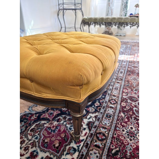 Canary Yellow Vintage Louis XVI Style Tufted Gold Ottoman With Brass Paw Feet For Sale - Image 8 of 10
