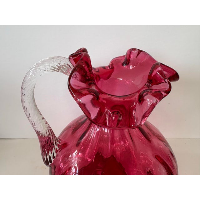 Vintage Fenton Cranberry Dot Optic Glass Pitcher With Clear Ruffled Rim For Sale In Orlando - Image 6 of 7