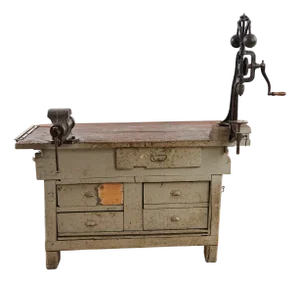 Antique Wooden Workbench with Vice and Drill