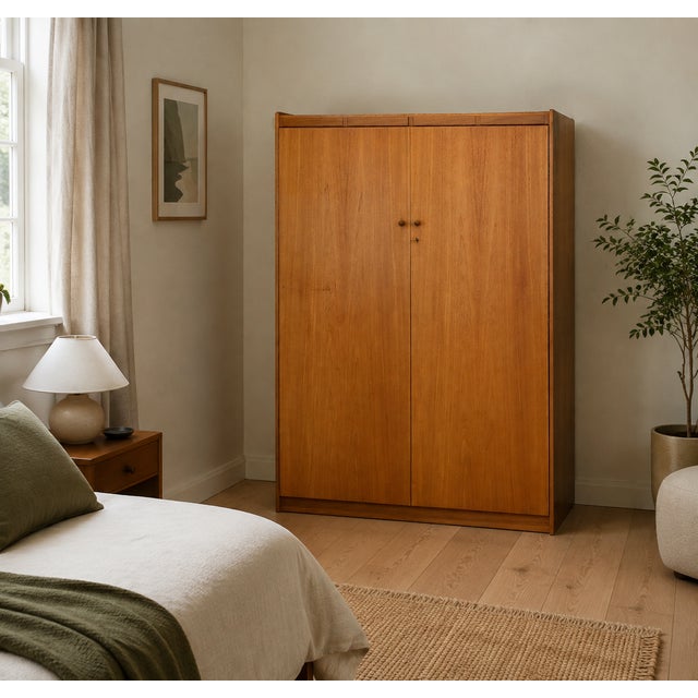 A 1960s mid-century double wardrobe in warm teak veneer, featuring clean lines, wooden handles and subtle segmented...