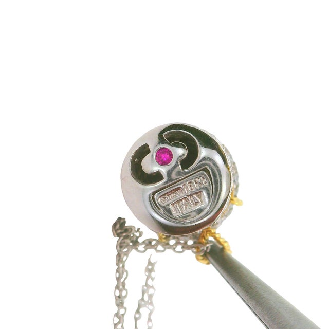 Metal Roberto Coin Diamond Ruby 18k Yellow White Gold Drum Pendant Necklace For Sale - Image 7 of 7