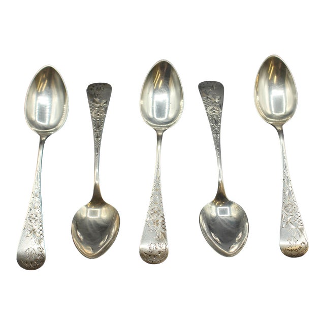 1882 American Aesthetic Movement Set of 5 Sterling Silver Teaspoons by Whiting - Set of 5 For Sale