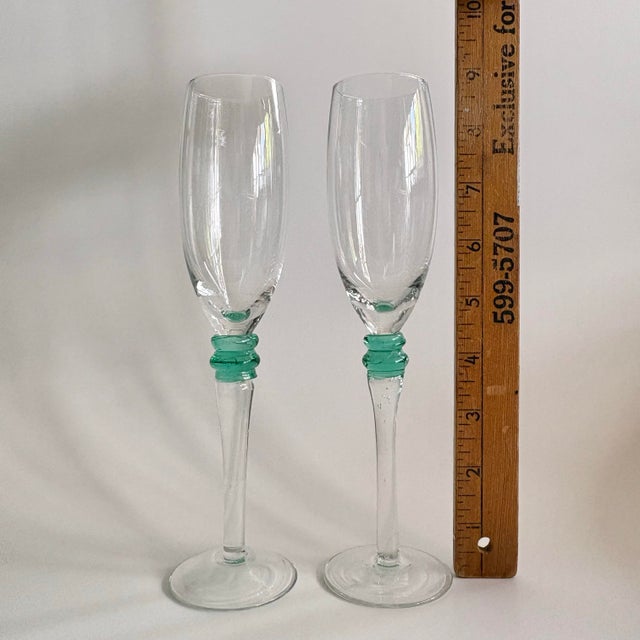 Glass Vintage Champagne Flutes Clear Glass With Green Stem Detail, 9" - Set of 2 For Sale - Image 7 of 7