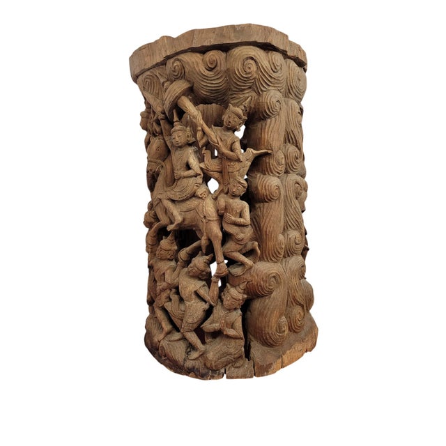 Late 19th Century 19th-Century Southeast Asian Hand-Carved Teak Temple Pillar Wrap Sculpture For Sale - Image 5 of 18