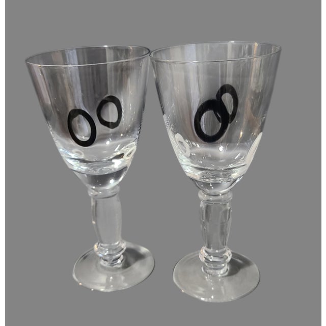 Mid Century Modern Fused Art Glass Black & White Dots Water Goblets- a Pair For Sale - Image 4 of 5