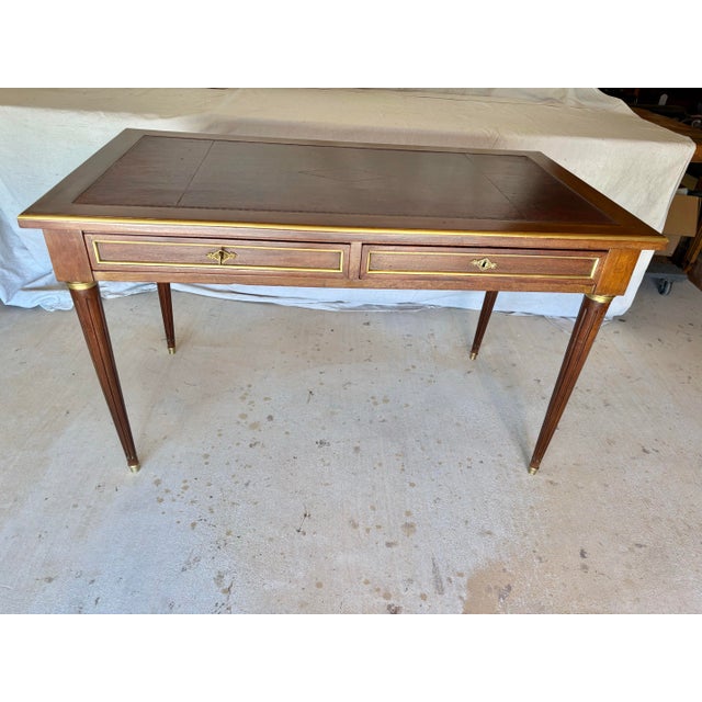 Early 20th Century Early 20th Century French Louis XVI Style Walnut and Brass Leather Top Desk For Sale - Image 5 of 12