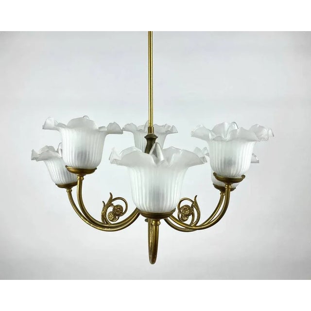 Vintage Gilt Brass & Frosted Glass Chandelier, France, 1970s For Sale - Image 3 of 10