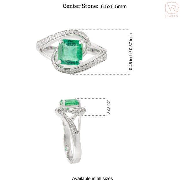 Green Square Cut Emerald Ring Embellished With Diamond Size 5.5 For Sale - Image 8 of 12