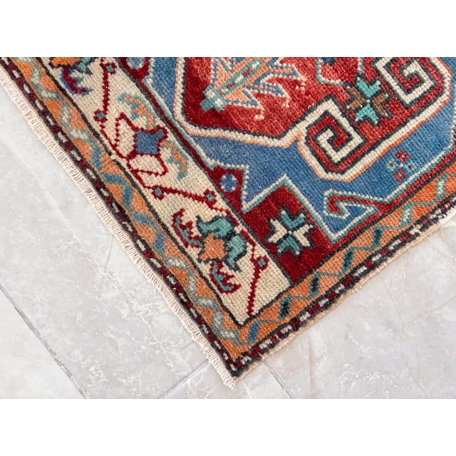 Textile Distressed Low Pile Oushak Yastik Petite Rug Low Pile Faded Colors Mat - 19'' X 36'' For Sale - Image 7 of 9
