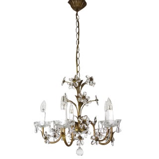 Antique Italian Gold-Plated Metal Crystal Flowers Chandelier, 1950s For Sale