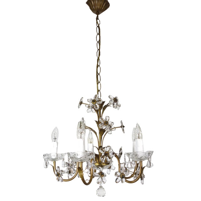 Antique Italian Gold-Plated Metal Crystal Flowers Chandelier, 1950s For Sale