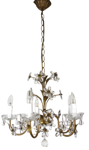 Antique Italian Gold-Plated Metal Crystal Flowers Chandelier, 1950s