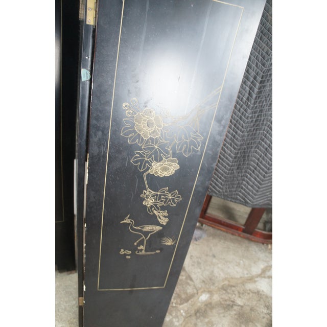 Vintage Chinese Black Lacquer 4 Panel Hand Painted Folding Screen Room Divider For Sale - Image 18 of 18