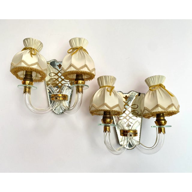 Pair of two-arm brass Italian 1920s mirrored and etched wall sconces with textile shades (1970s). Nice hand crafted...