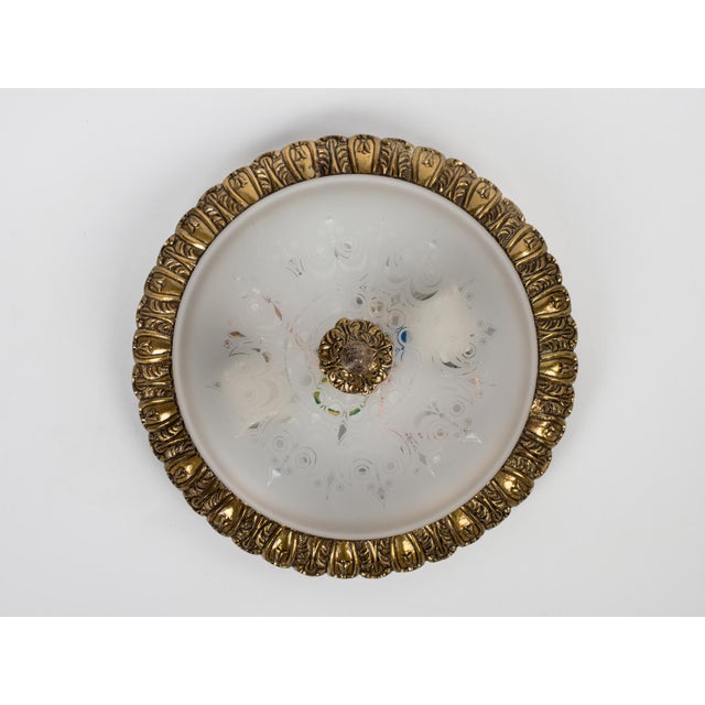 French 1960s Small Brass & Frosted Glass Flush Mount Fixture For Sale - Image 3 of 7