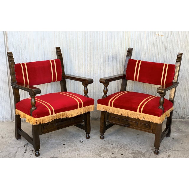 Spanish Low Armchairs in Carved Walnut and Red Velvet Upholstery '46units' For Sale - Image 11 of 13
