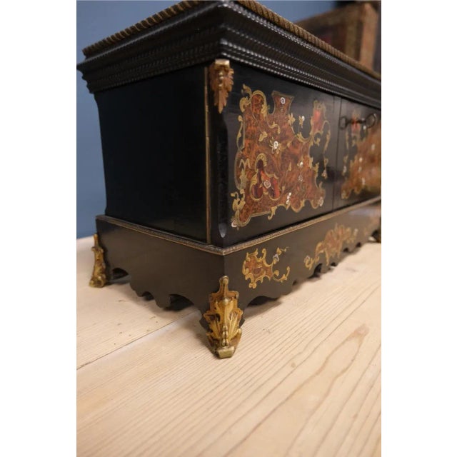 Incredible inlaid French tea caddy with laquered wood, bronze, mother of pearl and burled wood (likely elm) with ormolu...