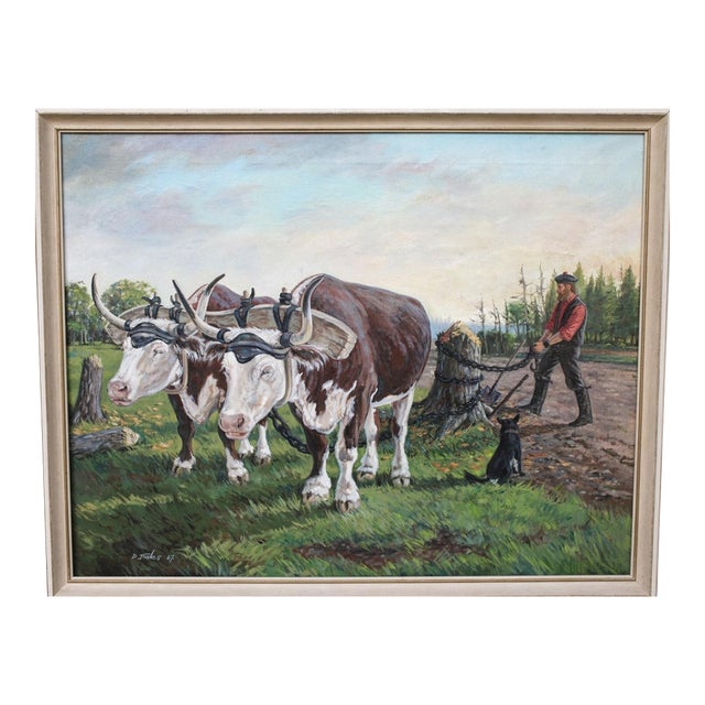 Original Douglas Fales Oil Painting 1967, Oxen Team Pioneer Heritage Art For Sale