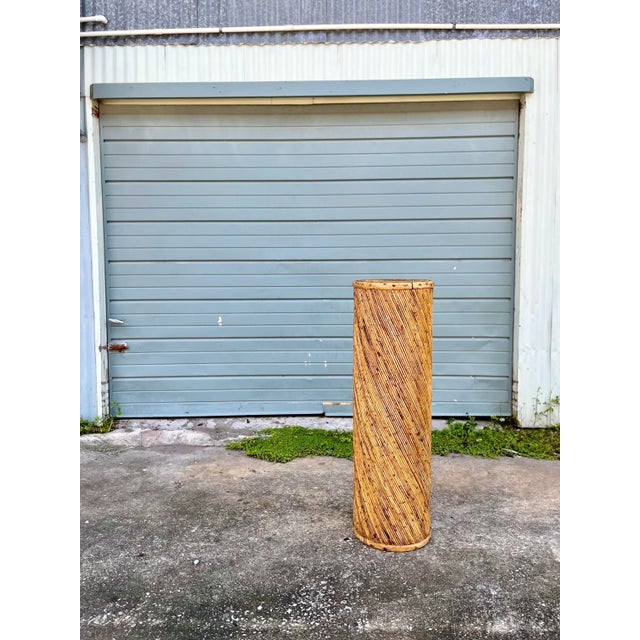 Gabriella Crespi Tall + Lean Spiral-Wrapped Distressed Rattan Pedestal | Late 20th Century in the Style of Gabriela Crespi For Sale - Image 4 of 13