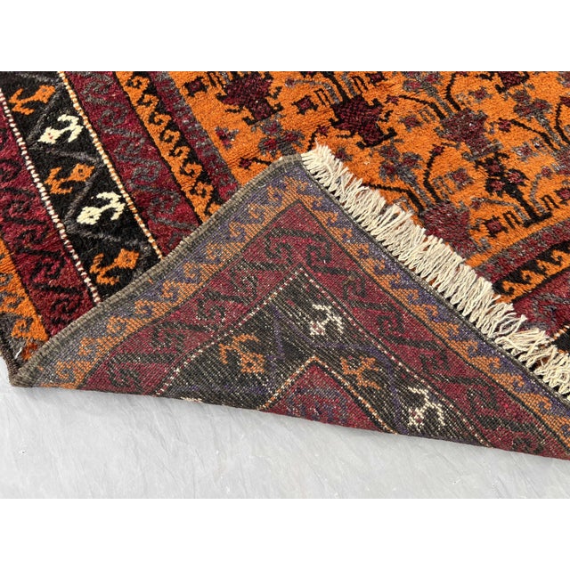 Hand Knotted Baluch Wool Runner Rug – Bold Geometric Pattern in Warm Tones – 3'10 X 12'9 Ft For Sale - Image 9 of 14