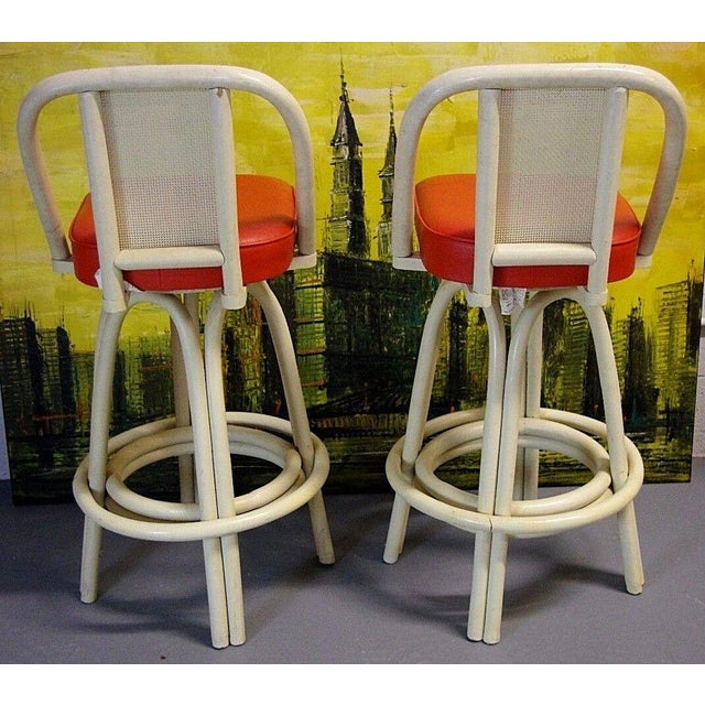 Mid-Century Modern 1960's Rattan Retro Mod Bamboo Cane Back Swivel Bar Stools Pair For Sale - Image 3 of 6