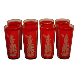Vintage 1960's American Culver Mid Century Modern Red & Gold Siamese Thai Dancer Highball Glasses- Set of 8 For Sale