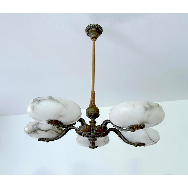 1930s Large Art Deco Alabaster and Bronze Chandelier, 1930s For Sale - Image 5 of 18
