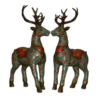 Monumental Pair of Vintage Cloisonné Enamel & Gilt Bronze Deer Figures For Sale