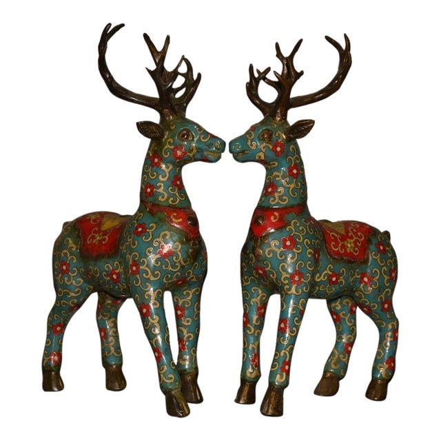 Monumental Pair of Vintage Cloisonné Enamel & Gilt Bronze Deer Figures For Sale