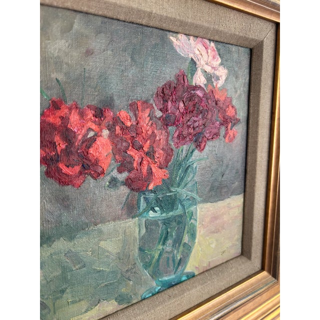 Vintage Signed Original Oil on Board Still Life Red, Pink & White Carnations in Blue Glass Vase For Sale - Image 9 of 15