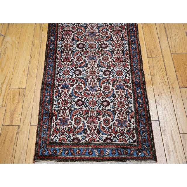 Textile Vintage Malayer Runner Rug, Hand-Knotted Wool, Geometric Pattern, 3x9, Ivory & Blue For Sale - Image 7 of 13