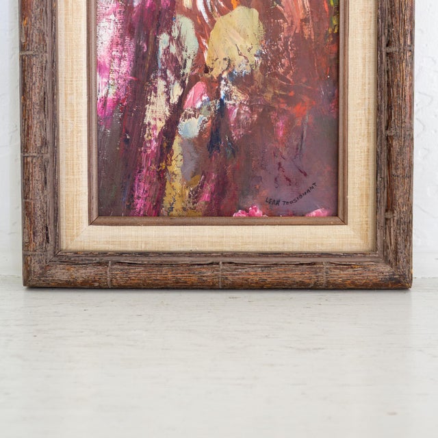 Signed Purple Pink Mauve Abstract Polychrome Painting in Faux Bamboo Frame For Sale - Image 6 of 10