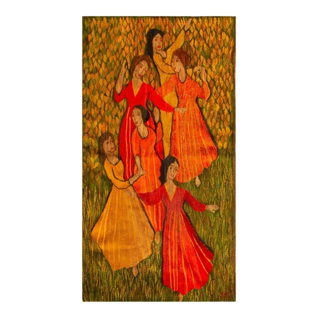 1875s Green Women Dancing Antique French Tapestry Rug 1875 Flatweave Wool Carpet For Sale